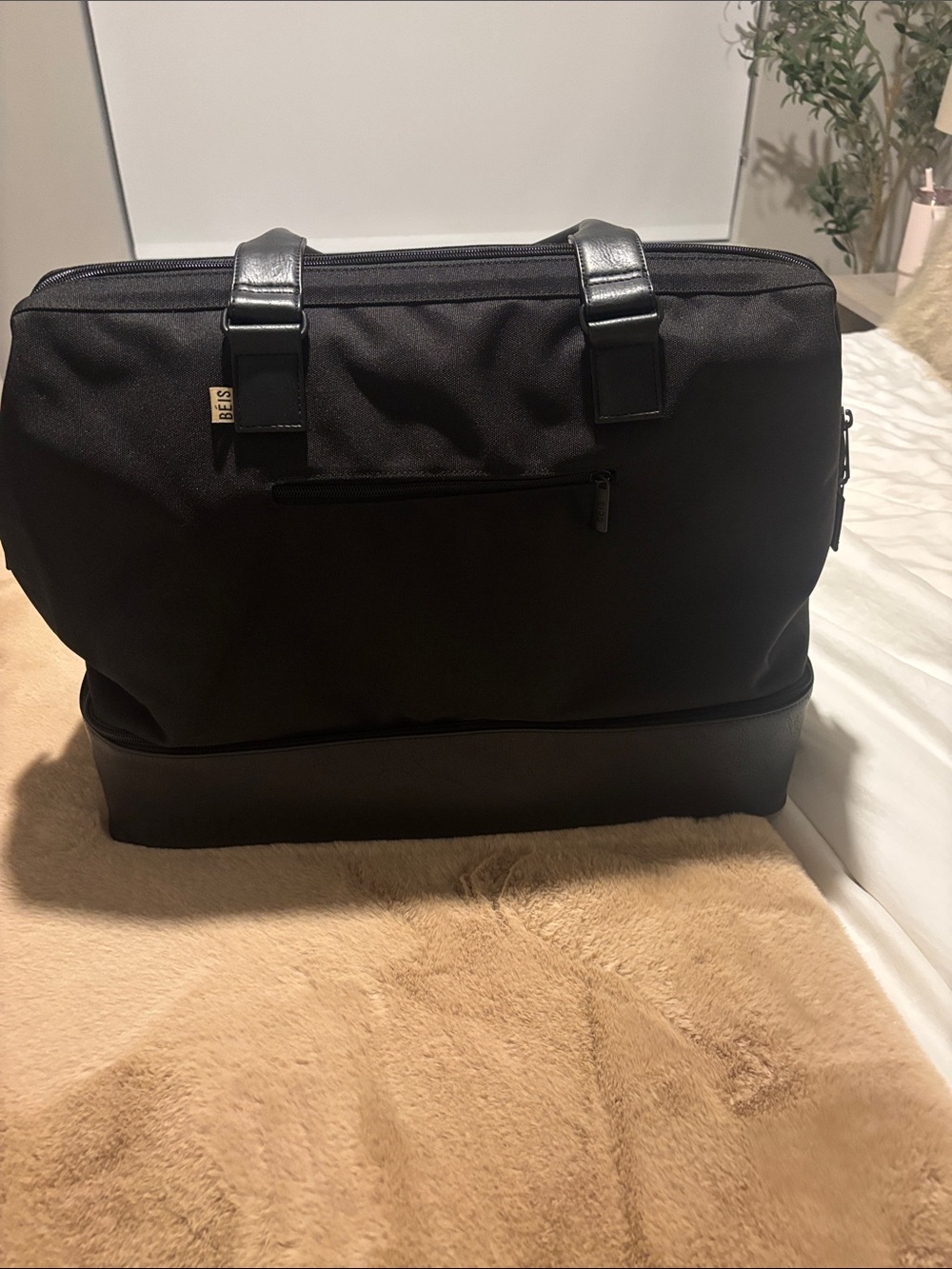 BEIS Black Travel Tote with Leather Trim